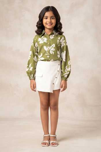 B'Infinite Green Floral Shirt & White Skorts Set For Kids
