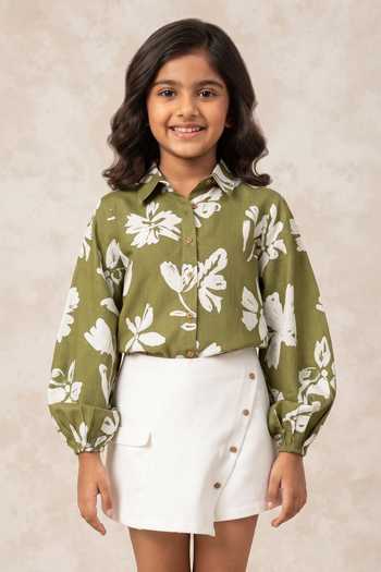 B'Infinite Floral Print Green Cotton Shirt For Kids