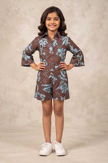 B'Infinite Brown Floral Print Cotton Shorts For Kids
