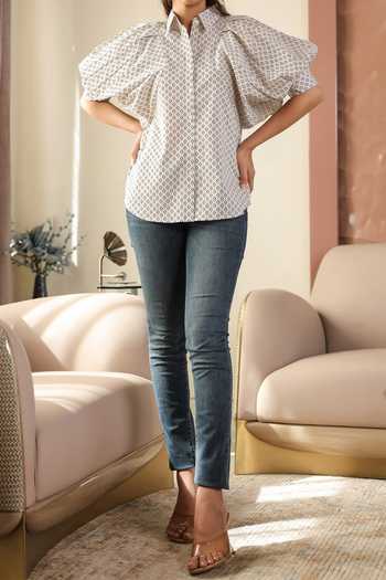 B'Infinite Beige Printed Puff Sleeve Shirt For Kids