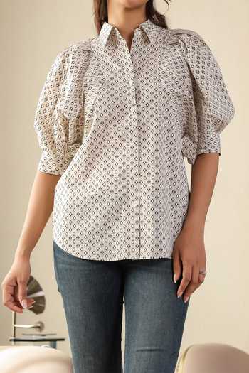 Shop B'Infinite Beige Printed Puff Sleeve Shirt For Kids Online at Aza Fashions Shop_B'Infinite_Beige Printed Puff Sleeve Shirt For Kids_Online_at_Aza_Fashions