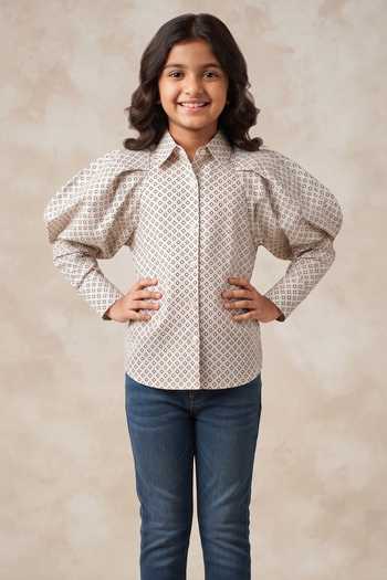 B'Infinite Beige Printed Puff Sleeve Shirt For Kids