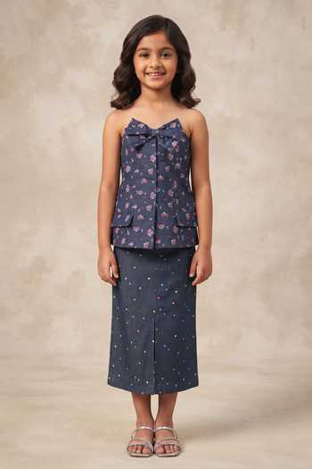 B'Infinite Floral Bow Denim Top For Kids
