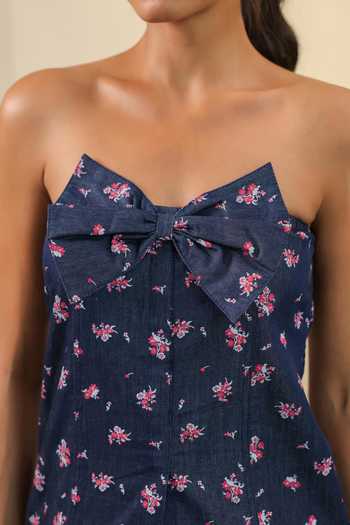 B'Infinite Blue Floral Bow Denim Top For Kids Online at Aza Fashions B'Infinite_Blue Floral Bow Denim Top For Kids_Online_at_Aza_Fashions