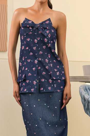 Shop B'Infinite Blue Floral Bow Denim Top For Kids Online at Aza Fashions Shop_B'Infinite_Blue Floral Bow Denim Top For Kids_Online_at_Aza_Fashions