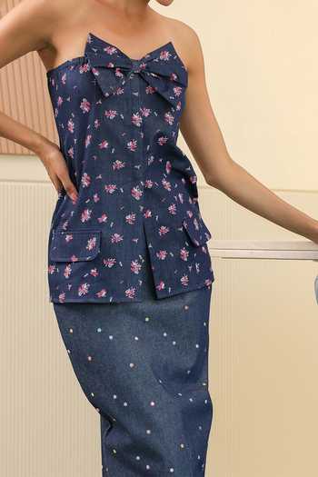 B'Infinite Blue Floral Bow Denim Top For Kids at Aza Fashions B'Infinite_Blue Floral Bow Denim Top For Kids_at_Aza_Fashions