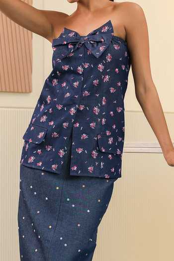 Buy B'Infinite Blue Floral Bow Denim Top For Kids Buy_B'Infinite_Blue Floral Bow Denim Top For Kids