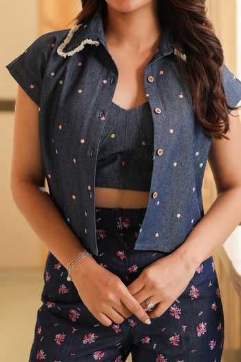 B'Infinite_Blue Colorful Dots Denim Shirt For Kids_at_Aza_Fashions