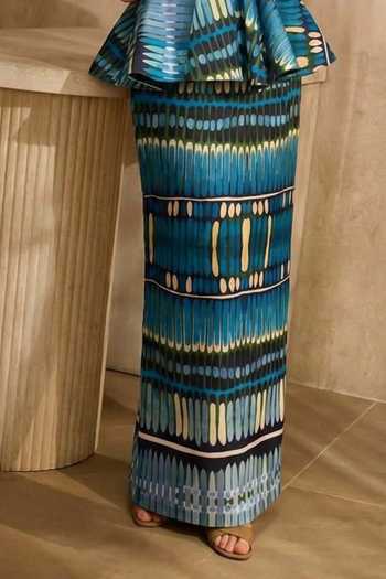 Shop Arje India Blue Linen Sweetheart Neck Geometric Print Peplum Top And Pencil Skirt Set Online at Aza Fashions Shop_Arje India_Blue Linen Sweetheart Neck Geometric Print Peplum Top And Pencil Skirt Set _Online_at_Aza_Fashions