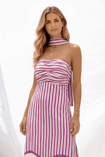 Arje India Multi Color Satin Bandeau Neck Linear Print Side Slit Tube Dress With Stole Online at Aza Fashions Arje India_Multi Color Satin Bandeau Neck Linear Print Side Slit Tube Dress With Stole _Online_at_Aza_Fashions