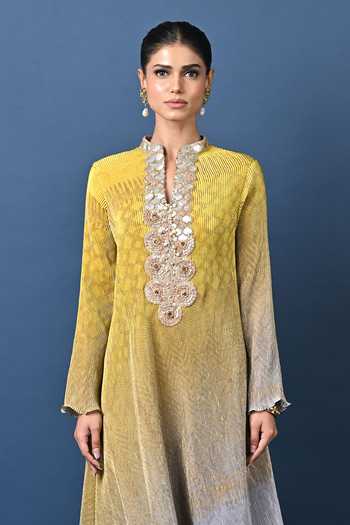 Buy Kiran Uttam Ghosh Yellow Polyester Split V-neck Embroidered Ombre Draped Kaftan Online at Aza Fashions Buy_Kiran Uttam Ghosh_Yellow Polyester Split V-neck Embroidered Ombre Draped Kaftan _Online_at_Aza_Fashions