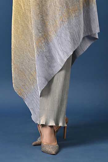 Kiran Uttam Ghosh_Silver Polyester Pleated Pant _Online_at_Aza_Fashions