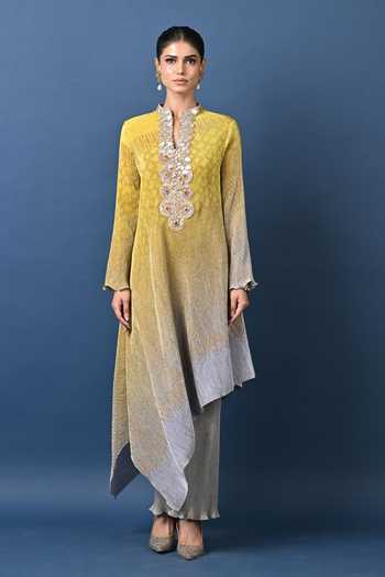 Buy_Kiran Uttam Ghosh_Silver Polyester Pleated Pant _Online_at_Aza_Fashions