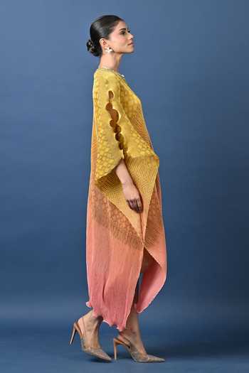 Kiran Uttam Ghosh_Yellow Polyester High Neck Embroidered Ombre Draped Tunic _Online_at_Aza_Fashions