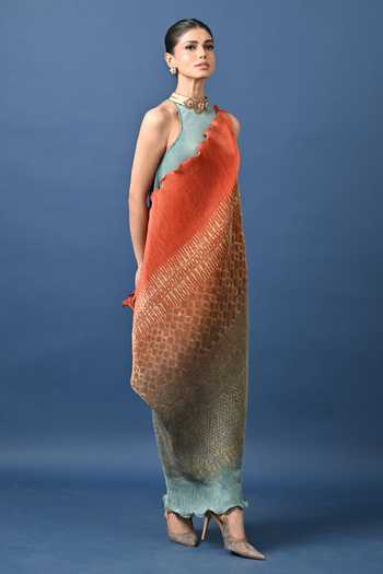 Shop Kiran Uttam Ghosh Orange Polyester Mandarin Collar Ombre Pleated Draped Tunic at Aza Fashions Shop_Kiran Uttam Ghosh_Orange Polyester Mandarin Collar Ombre Pleated Draped Tunic _at_Aza_Fashions