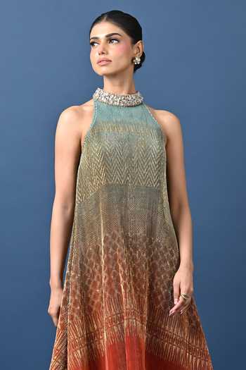 Buy_Kiran Uttam Ghosh_Orange Polyester Choker Neck, Yes Embroidered Collar Pleated Tunic _Online_at_Aza_Fashions