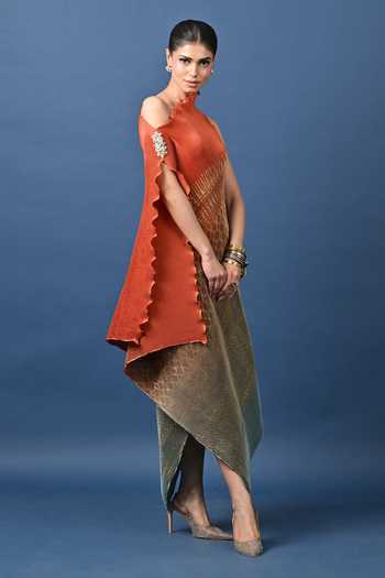Kiran Uttam Ghosh Orange Polyester High Neck Printed Pleated Draped Tunic Online at Aza Fashions Kiran Uttam Ghosh_Orange Polyester High Neck Printed Pleated Draped Tunic _Online_at_Aza_Fashions