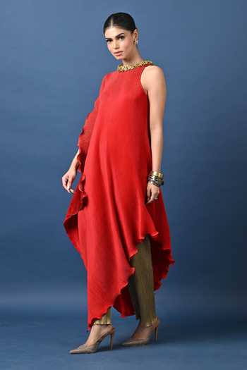 Kiran Uttam Ghosh Red Polyester High Neck Pleated Draped Asymmetric Tunic Online at Aza Fashions Kiran Uttam Ghosh_Red Polyester High Neck Pleated Draped Asymmetric Tunic _Online_at_Aza_Fashions