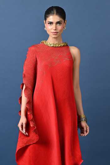 Buy Kiran Uttam Ghosh Red Polyester High Neck Pleated Draped Asymmetric Tunic Online at Aza Fashions Buy_Kiran Uttam Ghosh_Red Polyester High Neck Pleated Draped Asymmetric Tunic _Online_at_Aza_Fashions