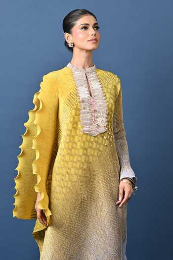 Buy Kiran Uttam Ghosh Yellow Polyester Mandarin Collar Ombre Pleated Draped Tunic Online at Aza Fashions Buy_Kiran Uttam Ghosh_Yellow Polyester Mandarin Collar Ombre Pleated Draped Tunic _Online_at_Aza_Fashions