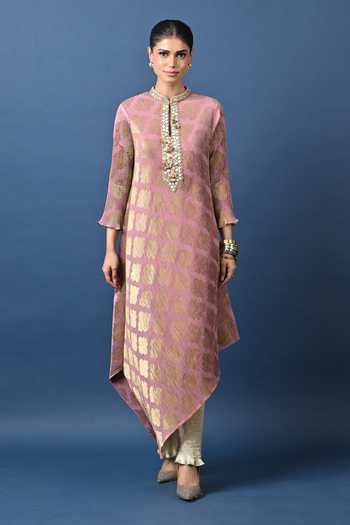 Kiran Uttam Ghosh Pink Polyester Round Neck Printed Pleated Asymmetric Tunic Online at Aza Fashions Kiran Uttam Ghosh_Pink Polyester Round Neck Printed Pleated Asymmetric Tunic _Online_at_Aza_Fashions