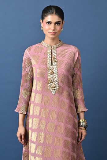 Buy Kiran Uttam Ghosh Pink Polyester Round Neck Printed Pleated Asymmetric Tunic Online at Aza Fashions Buy_Kiran Uttam Ghosh_Pink Polyester Round Neck Printed Pleated Asymmetric Tunic _Online_at_Aza_Fashions