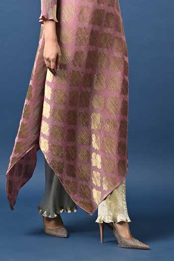 Shop Kiran Uttam Ghosh Pink Polyester Round Neck Printed Pleated Asymmetric Tunic Online at Aza Fashions Shop_Kiran Uttam Ghosh_Pink Polyester Round Neck Printed Pleated Asymmetric Tunic _Online_at_Aza_Fashions