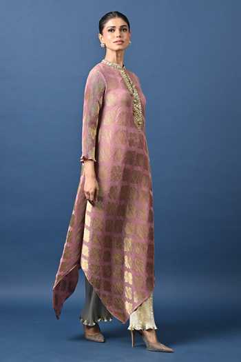 Kiran Uttam Ghosh Silver Polyester Pleated Pant Online at Aza Fashions Kiran Uttam Ghosh_Silver Polyester Pleated Pant _Online_at_Aza_Fashions