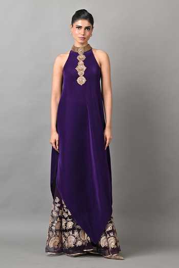 Shop Kiran Uttam Ghosh Purple Polyester High Neck Diagonal Cutaway Embroidered Collar Tunic Online at Aza Fashions Shop_Kiran Uttam Ghosh_Purple Polyester High Neck Diagonal Cutaway Embroidered Collar Tunic _Online_at_Aza_Fashions