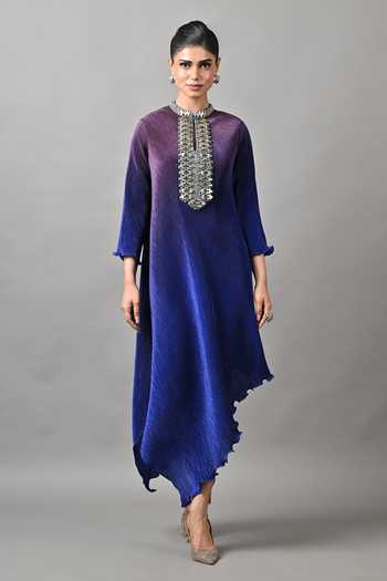 Shop Kiran Uttam Ghosh Blue Polyester High Neck Ombre Pleated Draped Tunic at Aza Fashions Shop_Kiran Uttam Ghosh_Blue Polyester High Neck Ombre Pleated Draped Tunic _at_Aza_Fashions
