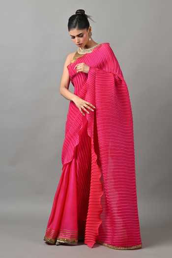 Kiran Uttam Ghosh Fuchsia Polyester Pleated Saree With Unstitched Blouse Piece Online at Aza Fashions Kiran Uttam Ghosh_Fuchsia Polyester Pleated Saree With Unstitched Blouse Piece _Online_at_Aza_Fashions