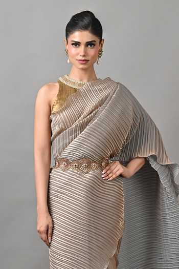 Buy Kiran Uttam Ghosh Gold Polyester Smoky Pleated Saree With Unstitched Blouse Piece Online at Aza Fashions Buy_Kiran Uttam Ghosh_Gold Polyester Smoky Pleated Saree With Unstitched Blouse Piece _Online_at_Aza_Fashions