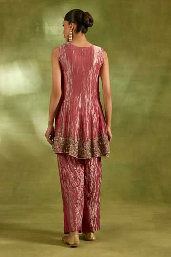 Shop Neha Khullar Pink Tissue V-, Square Embroidered Jacket And Salwar Set at Aza Fashions Shop_Neha Khullar_Pink Tissue V-, Square Embroidered Jacket And Salwar Set _at_Aza_Fashions