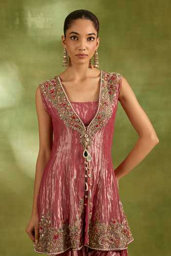 Neha Khullar Pink Tissue V-, Square Embroidered Jacket And Salwar Set at Aza Fashions Neha Khullar_Pink Tissue V-, Square Embroidered Jacket And Salwar Set _at_Aza_Fashions
