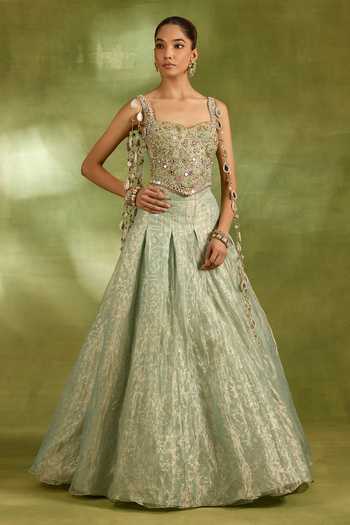 Shop Neha Khullar Green Tissue, Brocade, Crepe Sweetheart Floral Embroidered Blouse And Lehenga Set Online at Aza Fashions Shop_Neha Khullar_Green Tissue, Brocade, Crepe Sweetheart Floral Embroidered Blouse And Lehenga Set _Online_at_Aza_Fashions