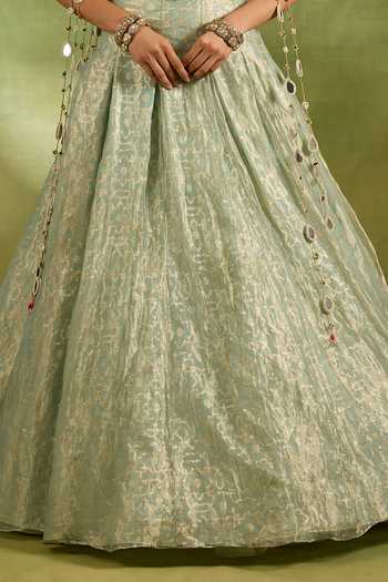 Neha Khullar Green Tissue, Brocade, Crepe Sweetheart Floral Embroidered Blouse And Lehenga Set at Aza Fashions Neha Khullar_Green Tissue, Brocade, Crepe Sweetheart Floral Embroidered Blouse And Lehenga Set _at_Aza_Fashions