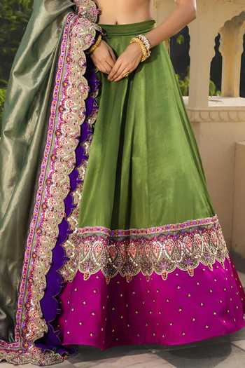 Payal & Zinal_Green Silk Sweetheart Neck Meherbaan Rimzim Zari Work Lehenga Set _Online_at_Aza_Fashions