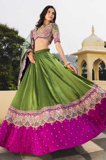 Buy_Payal & Zinal_Green Silk Sweetheart Neck Meherbaan Rimzim Zari Work Lehenga Set _Online_at_Aza_Fashions