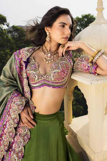 Payal & Zinal_Green Silk Sweetheart Neck Meherbaan Rimzim Zari Work Lehenga Set _at_Aza_Fashions