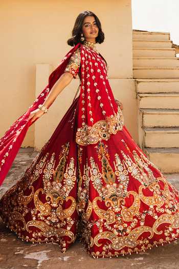 Shop Payal & Zinal Red Silk, Satin V-neck Devi Paisley Embroidered Lehenga Set Online at Aza Fashions Shop_Payal & Zinal_Red Silk, Satin V-neck Devi Paisley Embroidered Lehenga Set _Online_at_Aza_Fashions
