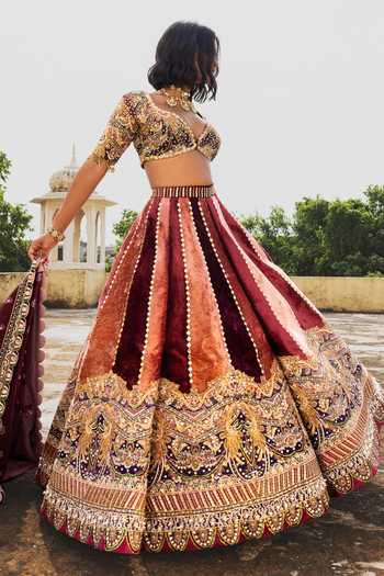 Payal & Zinal Pink Silk, Satin, Velvet Sweetheart Neck Gulabo Embroidered Panelled Lehenga Set Online at Aza Fashions Payal & Zinal_Pink Silk, Satin, Velvet Sweetheart Neck Gulabo Embroidered Panelled Lehenga Set _Online_at_Aza_Fashions