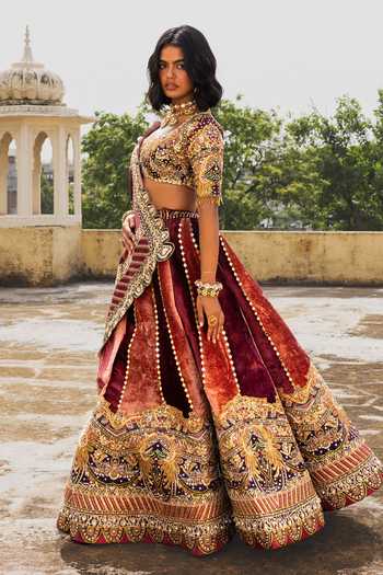 Buy Payal & Zinal Pink Silk, Satin, Velvet Sweetheart Neck Gulabo Embroidered Panelled Lehenga Set Online at Aza Fashions Buy_Payal & Zinal_Pink Silk, Satin, Velvet Sweetheart Neck Gulabo Embroidered Panelled Lehenga Set _Online_at_Aza_Fashions