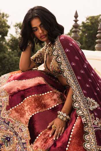 Shop Payal & Zinal Pink Silk, Satin, Velvet Sweetheart Neck Gulabo Embroidered Panelled Lehenga Set Online at Aza Fashions Shop_Payal & Zinal_Pink Silk, Satin, Velvet Sweetheart Neck Gulabo Embroidered Panelled Lehenga Set _Online_at_Aza_Fashions
