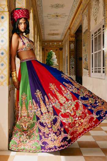 Shop_Payal & Zinal_Multi Color Twill Sweetheart Neck Rang-mahal Block Lehenga And Blouse Set _Online_at_Aza_Fashions