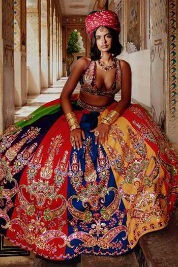 Payal & Zinal_Multi Color Twill Sweetheart Neck Rang-mahal Block Lehenga And Blouse Set _at_Aza_Fashions
