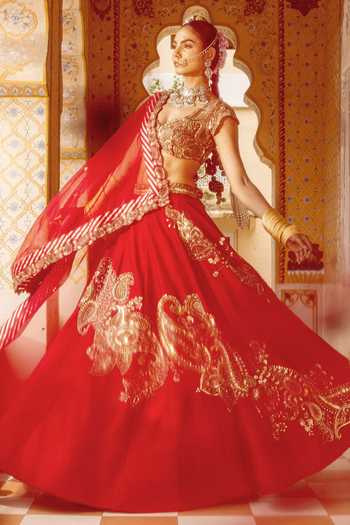 Payal & Zinal_Red Silk, Organza Sweetheart Neck Chhaap Tilak Paisley Embroidered Lehenga Set _Online_at_Aza_Fashions