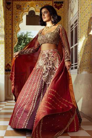 Payal & Zinal_Red Silk, Tissue, Tulle Tarang Sona Chandi Leaf Embroidered Lehenga Set _Online_at_Aza_Fashions