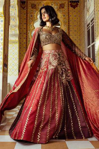 Buy_Payal & Zinal_Red Silk, Tissue, Tulle Tarang Sona Chandi Leaf Embroidered Lehenga Set _Online_at_Aza_Fashions