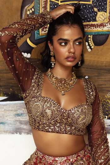 Shop_Payal & Zinal_Red Silk, Tissue, Tulle Tarang Sona Chandi Leaf Embroidered Lehenga Set _Online_at_Aza_Fashions