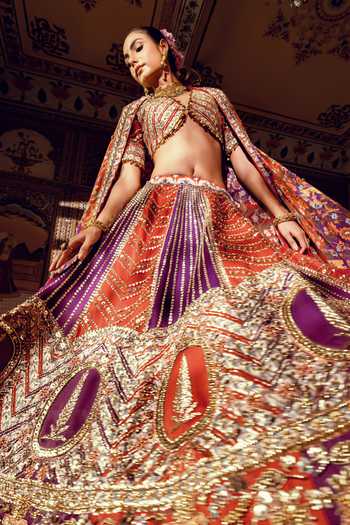Payal & Zinal Multi Color Twill V-neck Jharokha Floral Embroidered Lehenga Set Online at Aza Fashions Payal & Zinal_Multi Color Twill V-neck Jharokha Floral Embroidered Lehenga Set _Online_at_Aza_Fashions